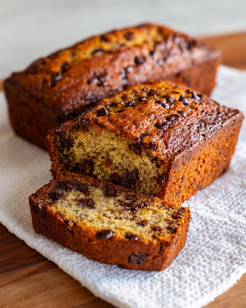 Close-up of moist mini banana bread loaves topped with chocolate chips, one sliced open.