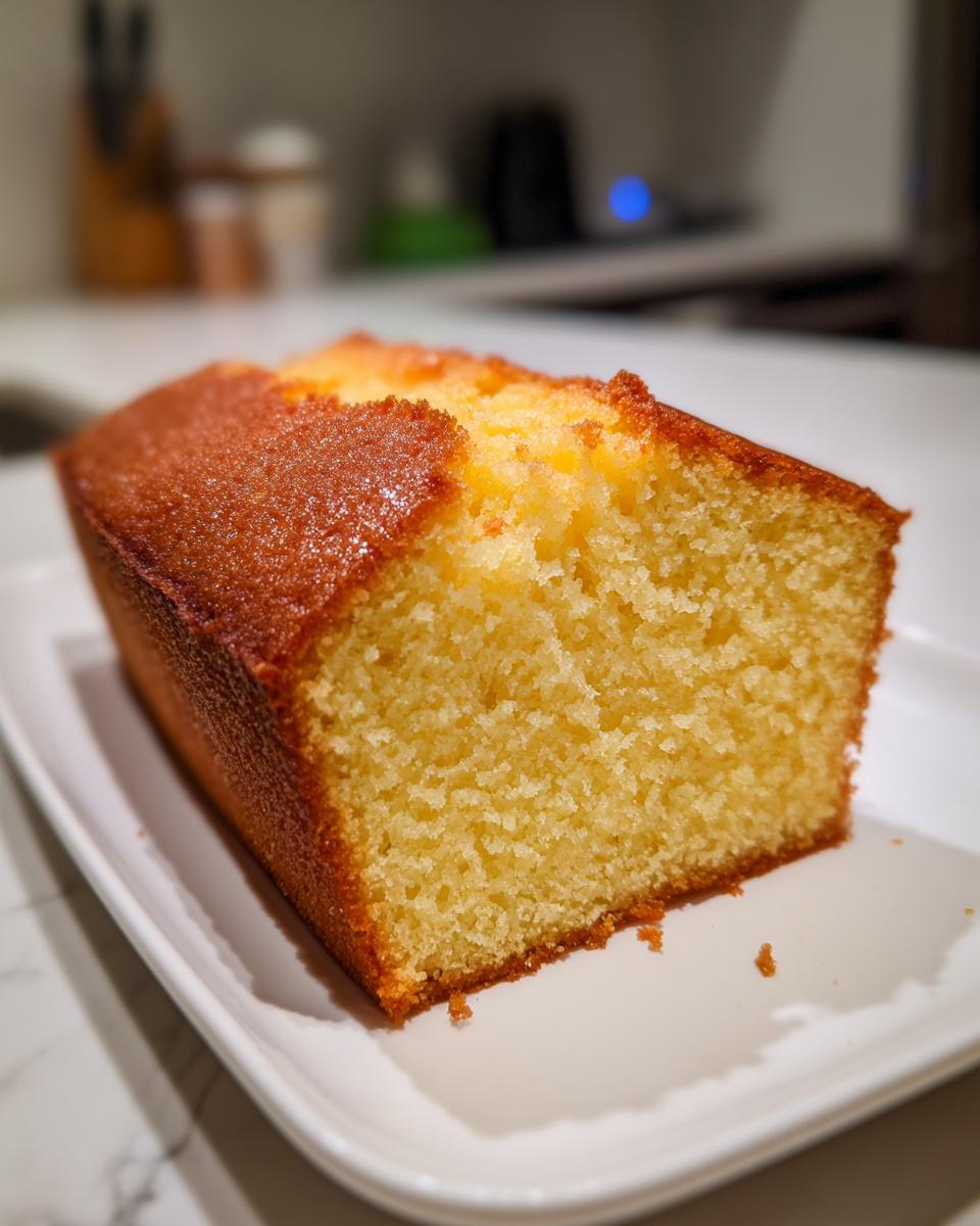 Close-up of a golden-brown slice of moist condensed milk cake on a white rectangular plate.