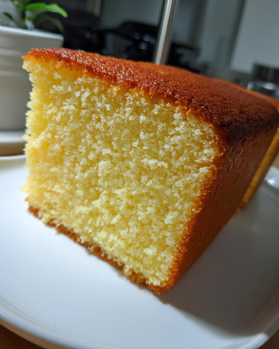 A close-up slice showing the moist, yellow crumb texture of the 4-ingredient condensed milk cake.
