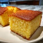 Two golden slices of moist condensed milk cake resting on a white plate, showing a rich, caramelized top crust.