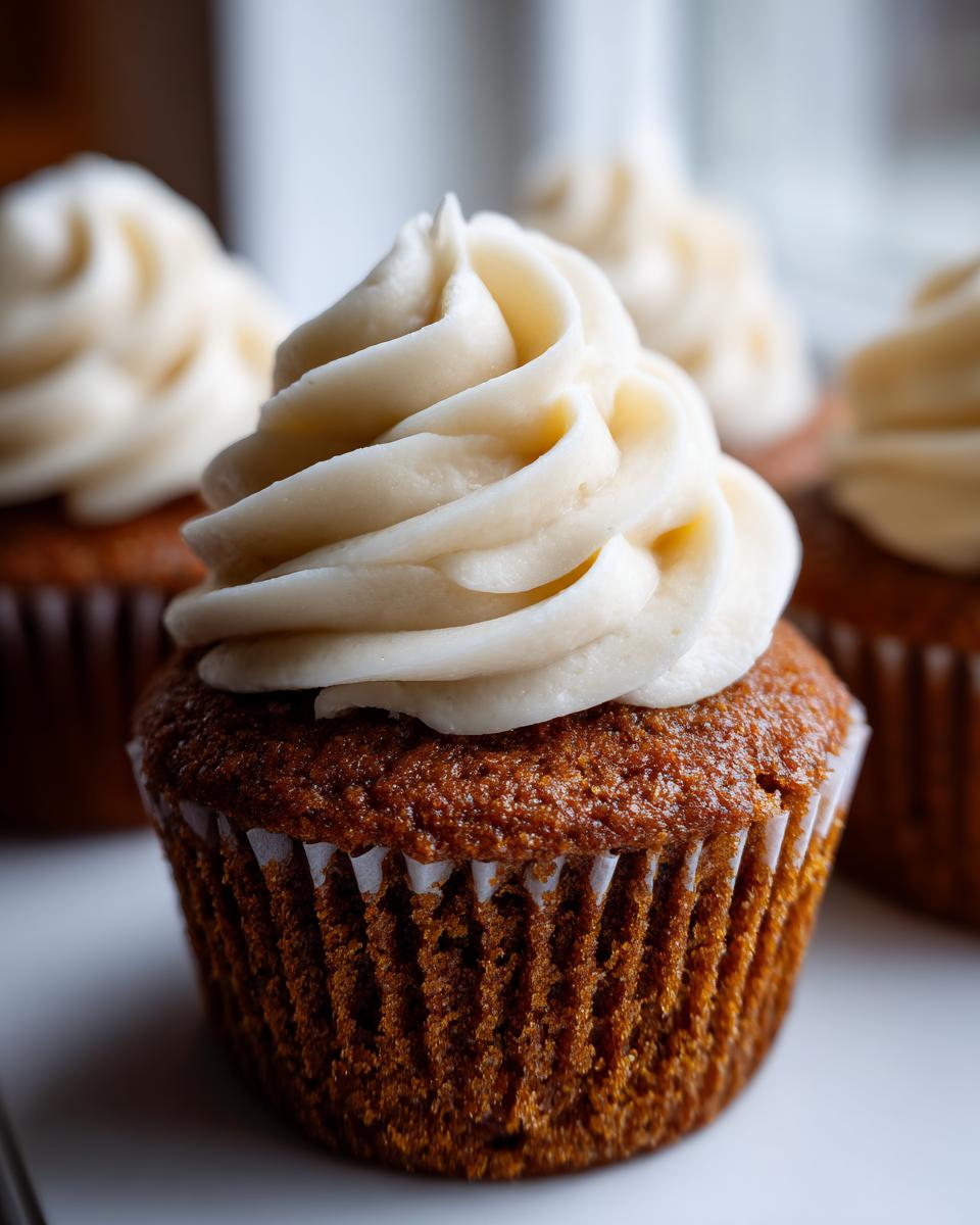 Close-up of a moist gingerbread cupcakes topped with a swirl of cream cheese frosting.