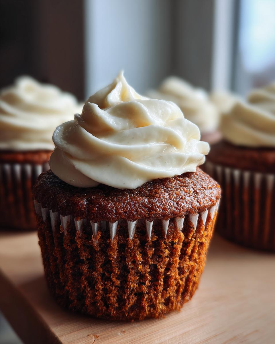 Close-up of a moist gingerbread cupcakes topped with a swirl of cream cheese frosting.