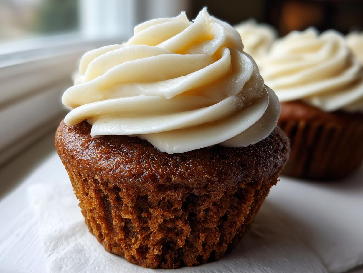 Close-up of a moist gingerbread cupcakes topped with a swirl of white cream cheese frosting.
