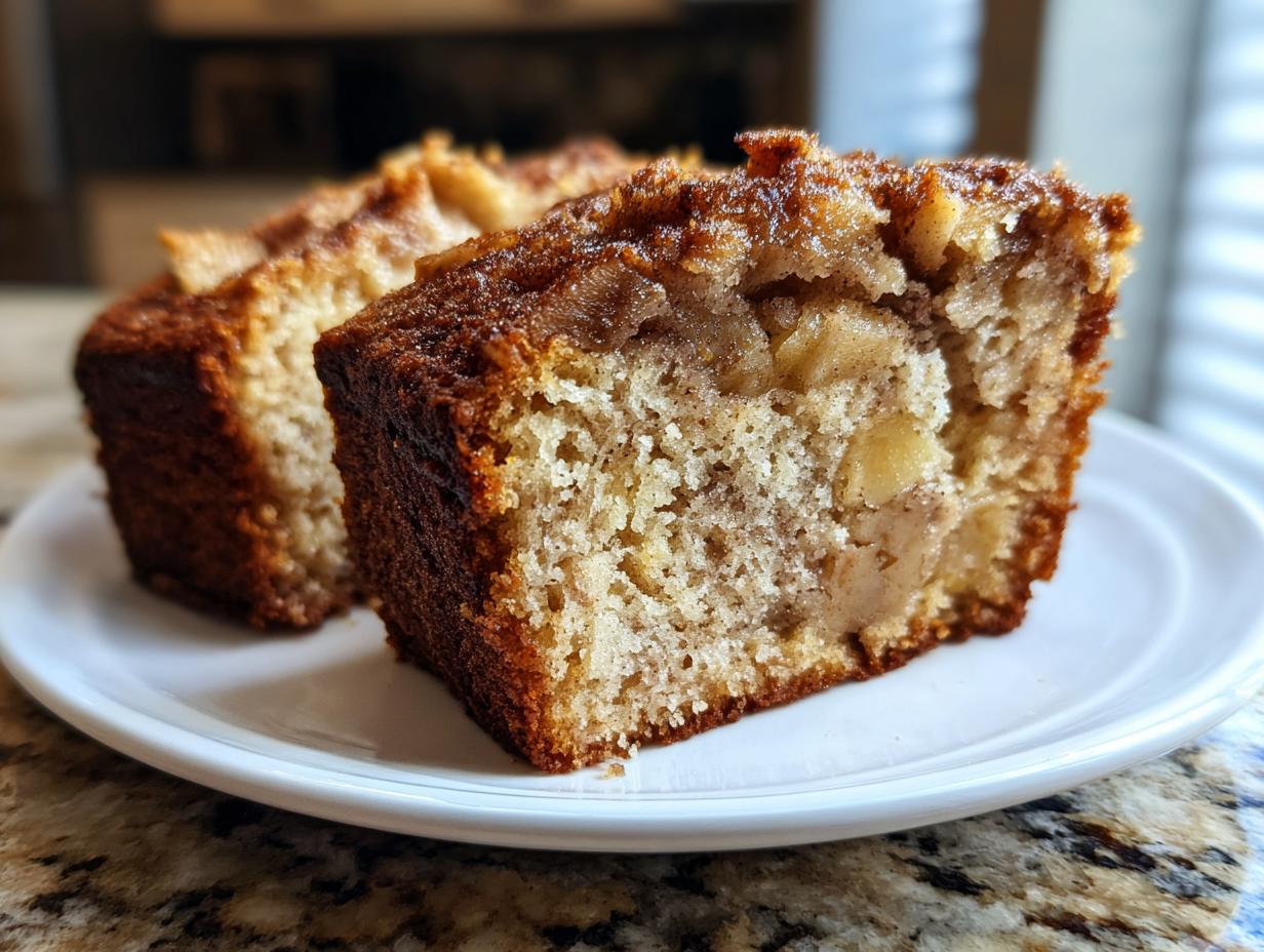 Close-up of a moist slice of jewish apple cake showing chunks of apple and a cinnamon-sugar topping.