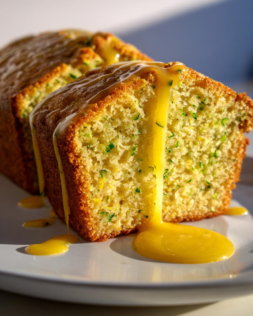 Close-up of moist lemon zucchini bread slices being generously covered with a thick, bright yellow lemon glaze.