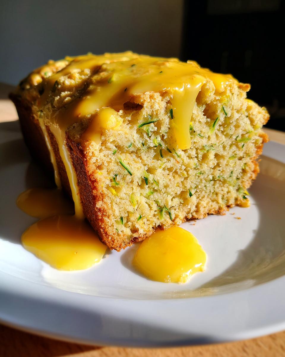 A slice of moist lemon zucchini bread topped with a bright yellow glaze dripping onto a white plate.