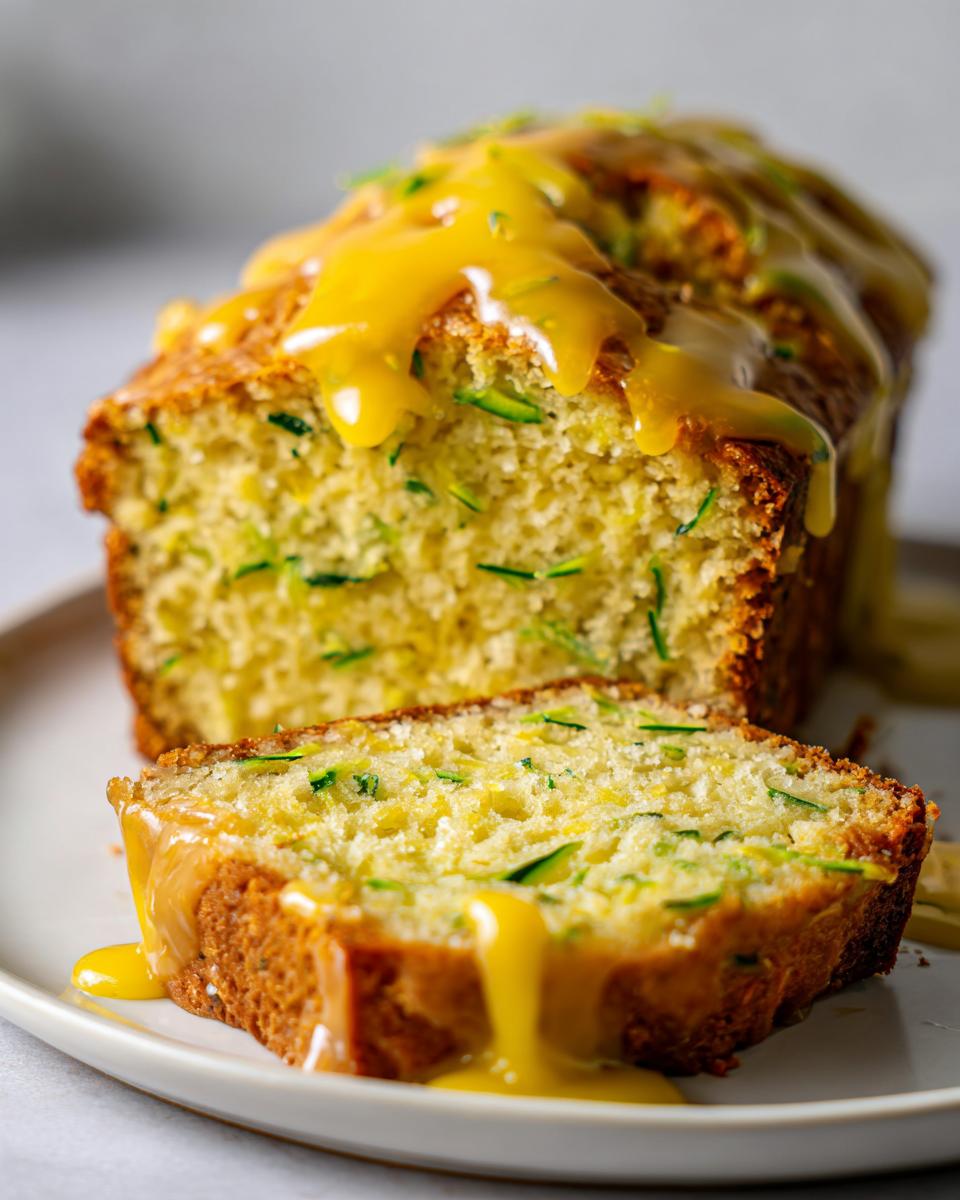 Close-up of moist lemon zucchini bread loaf with a thick, bright yellow glaze dripping over a sliced piece.