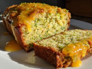 A moist loaf of lemon zucchini bread, sliced, generously topped with a bright yellow citrus glaze.
