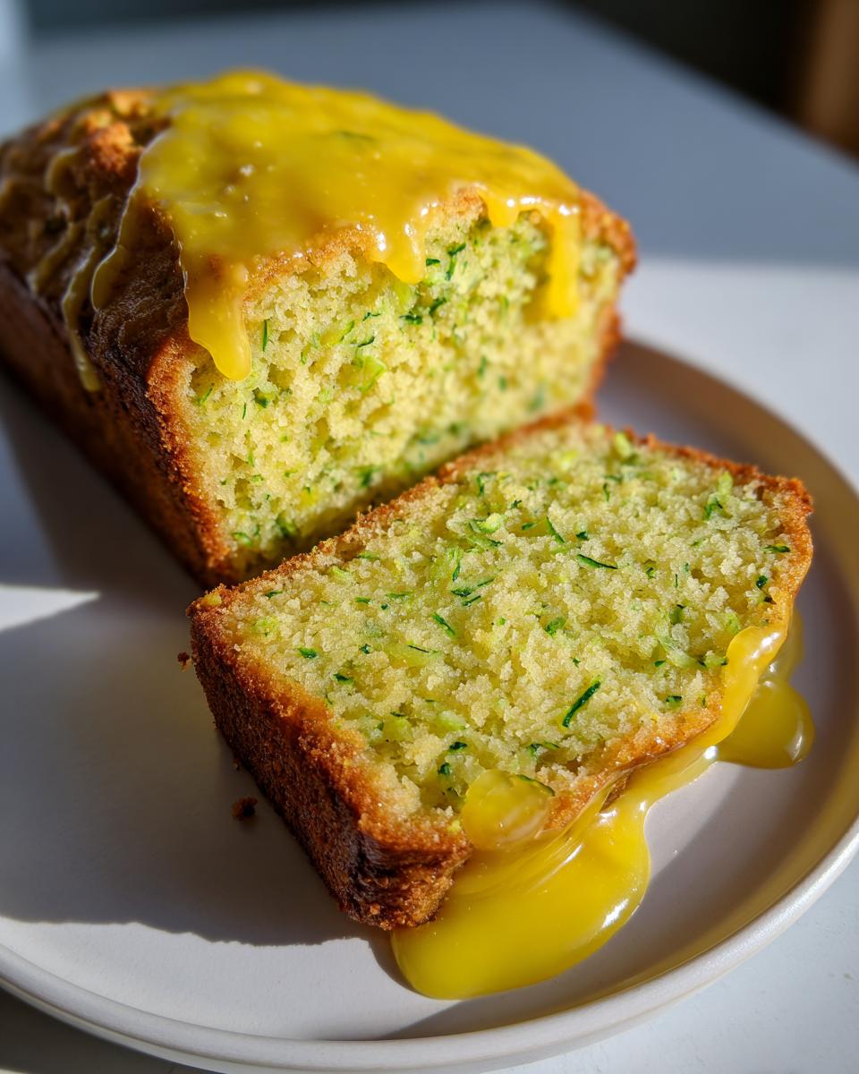 A loaf of moist lemon zucchini bread, partially sliced, topped with a thick, dripping yellow lemon glaze.