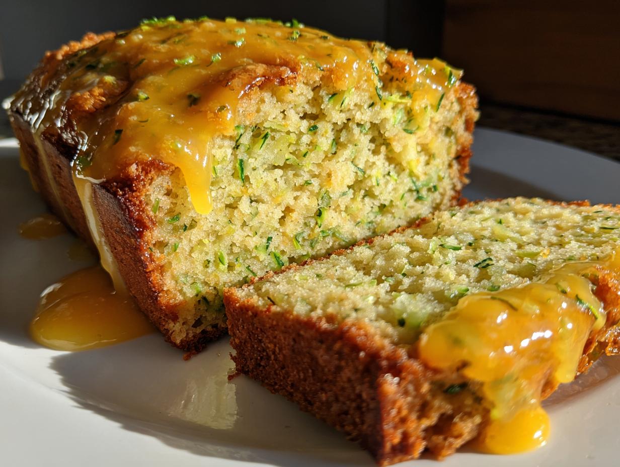 A moist loaf of lemon zucchini bread, sliced, generously topped with a bright yellow citrus glaze.