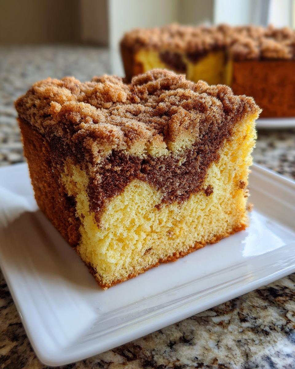 Close-up of a moist slice of marble coffee cake featuring a thick cinnamon streusel topping.