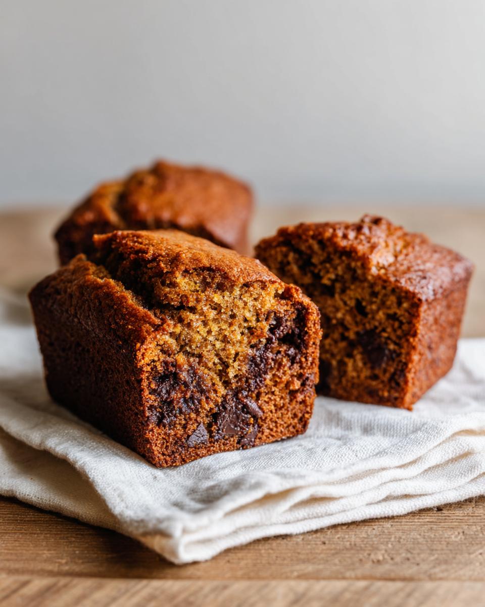 Close-up of a chocolate chip mini banana bread loaf cut in half showing moist texture and melted chocolate chunks.