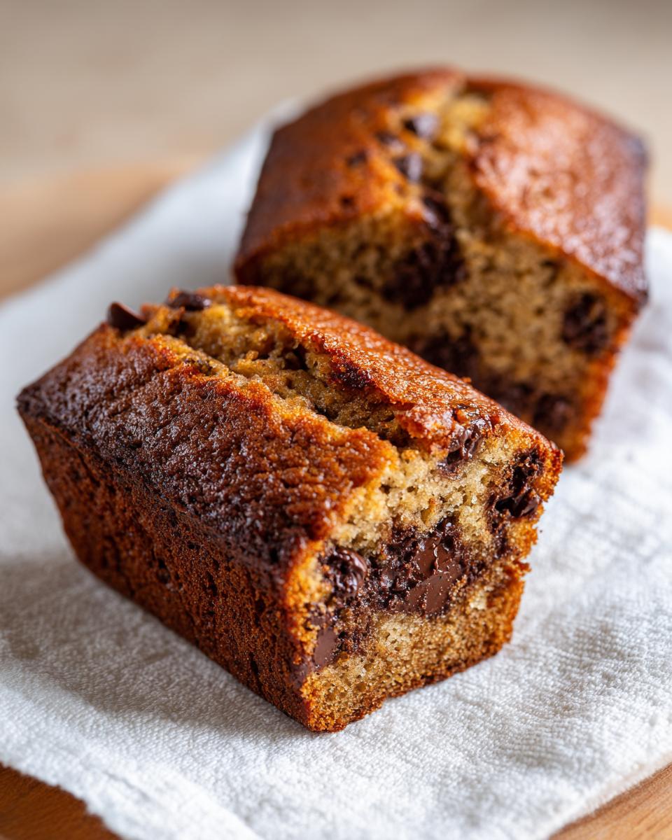 Close-up of two moist mini banana bread loaves with a melted chocolate center, resting on a white cloth.