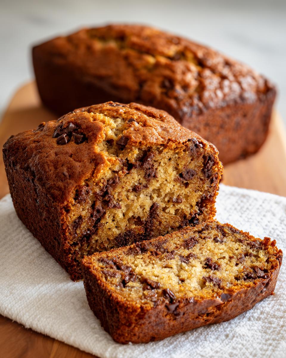 Close-up of a sliced mini banana bread loaf packed with chocolate chips, showing its moist texture.