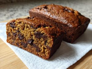 Close-up of a sliced mini banana bread loaf packed with chocolate chips, next to a whole loaf.