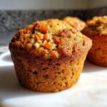 A close-up, appetizing shot of a freshly baked morning glory muffin showing visible shredded carrots and nuts.