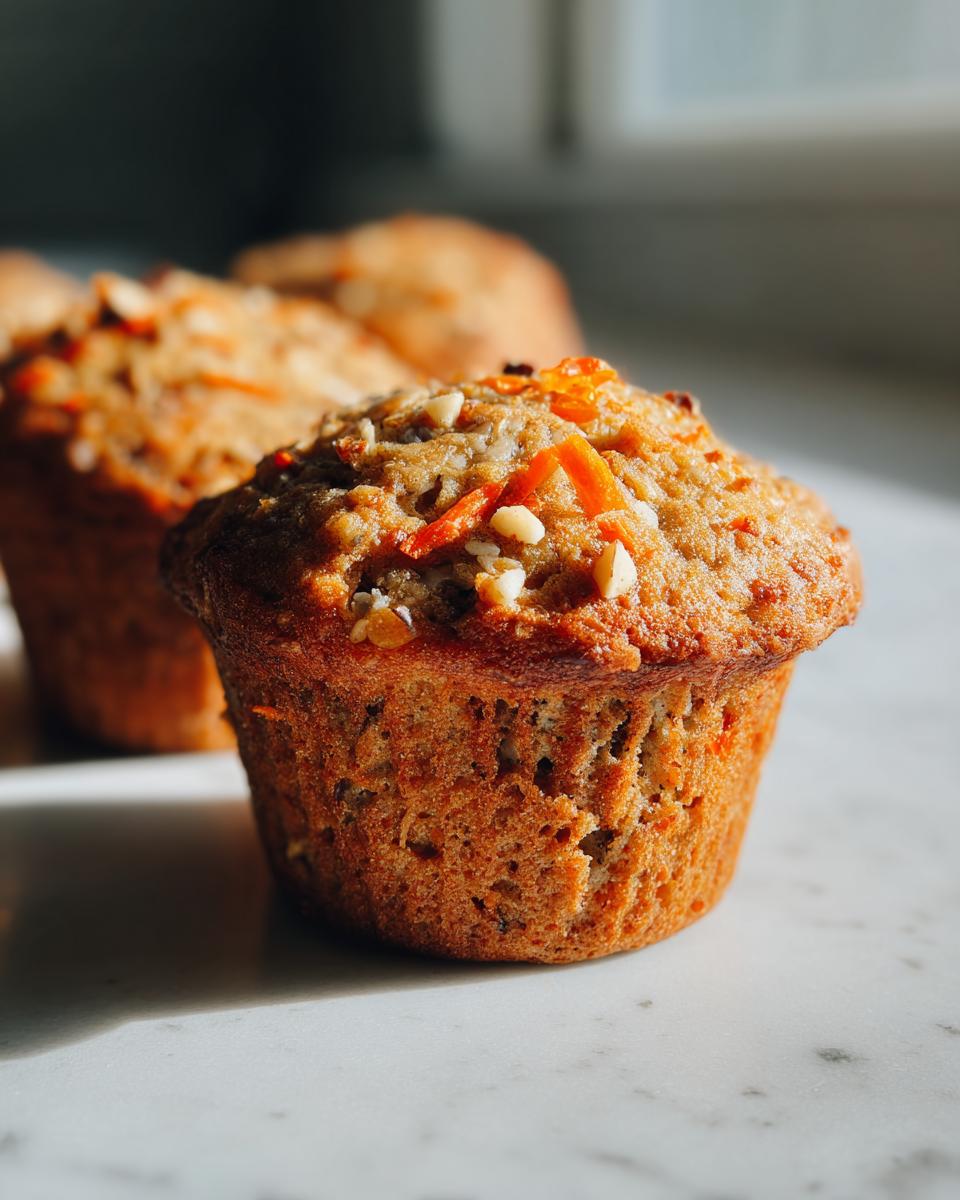 Close-up of a freshly baked morning glory muffin topped with shredded carrots and chopped nuts.