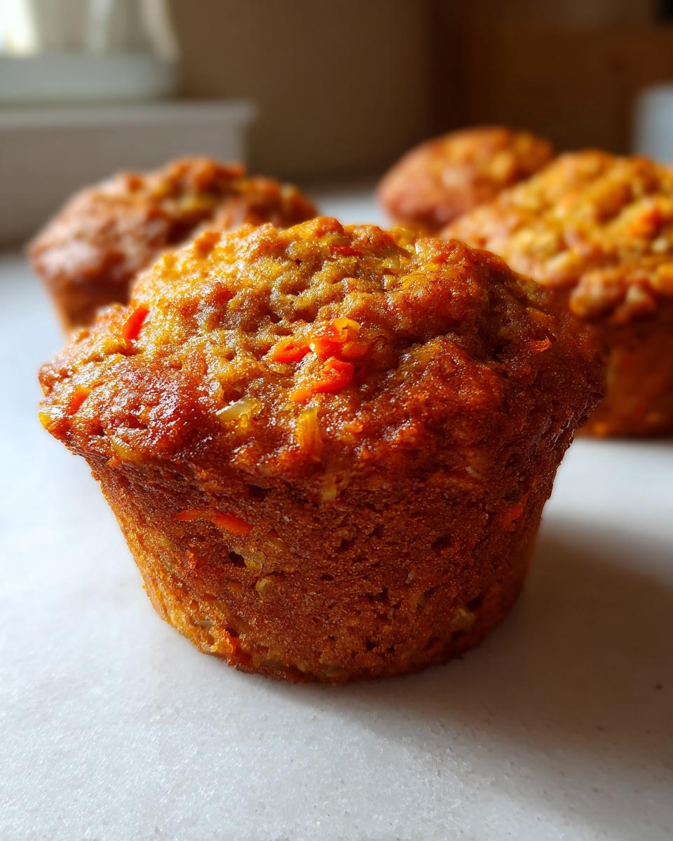 A close-up, low-angle view of a freshly baked, golden-brown morning glory muffin showing visible shreds of carrot.