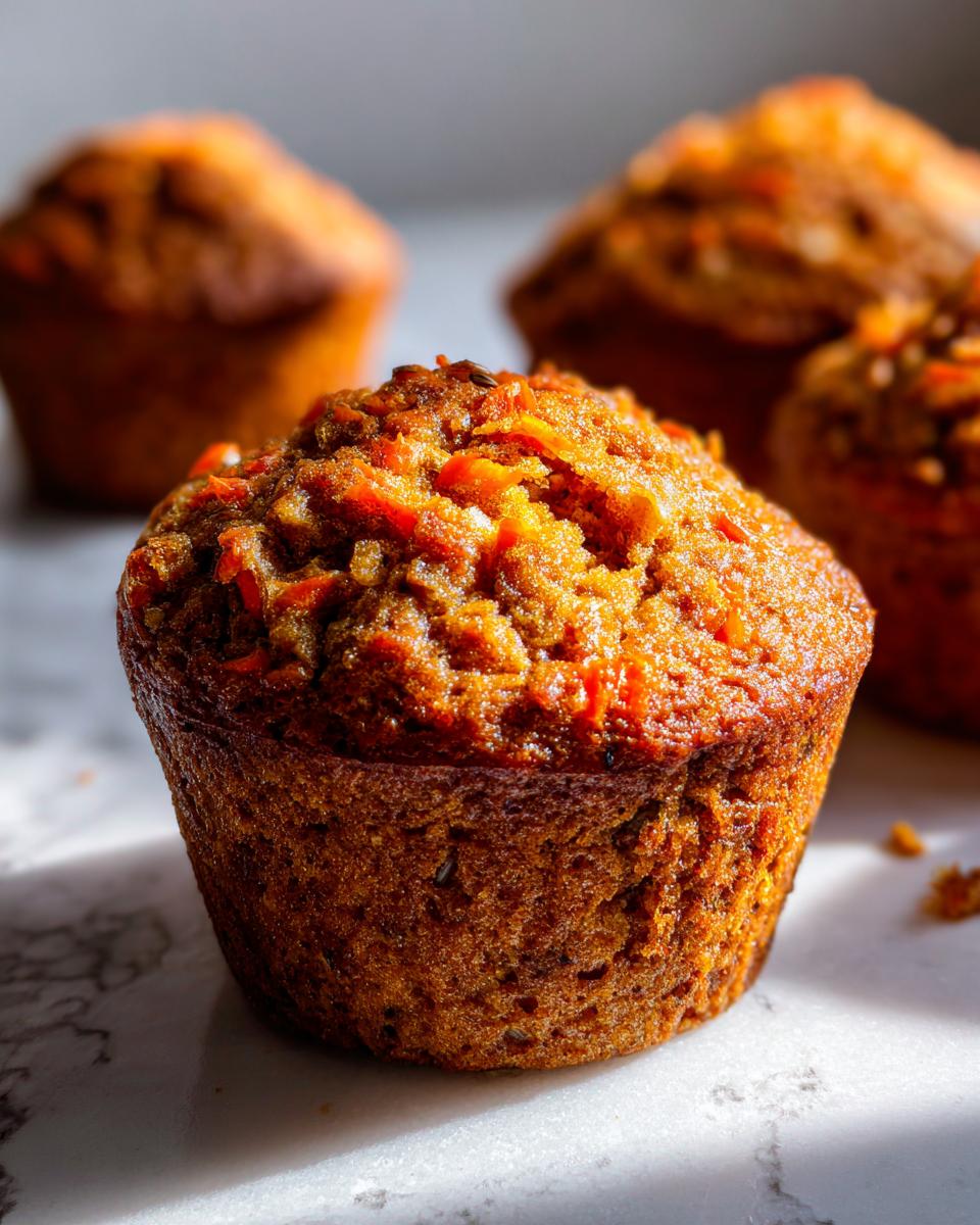 A close-up, warmly lit photo of a freshly baked morning glory muffin showing visible shredded carrots on top.