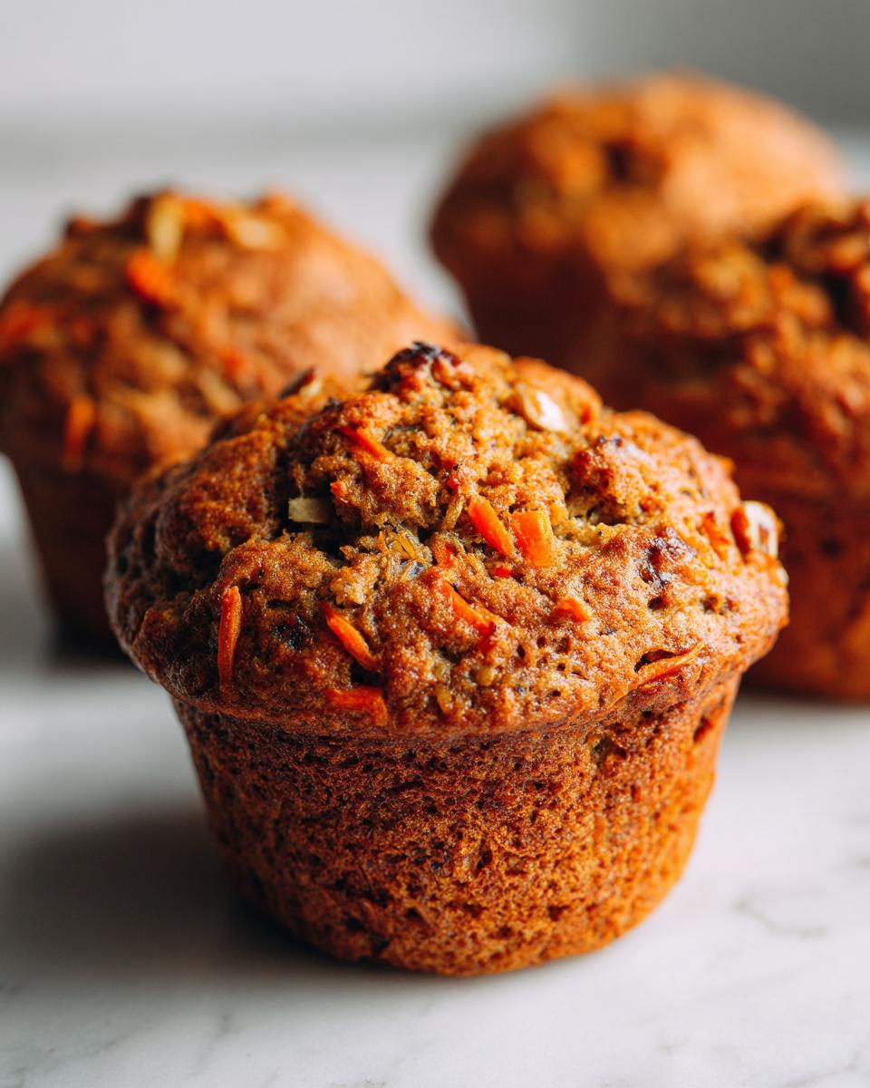 A close-up of a freshly baked, moist morning glory muffin showing visible shredded carrots and a golden-brown top.