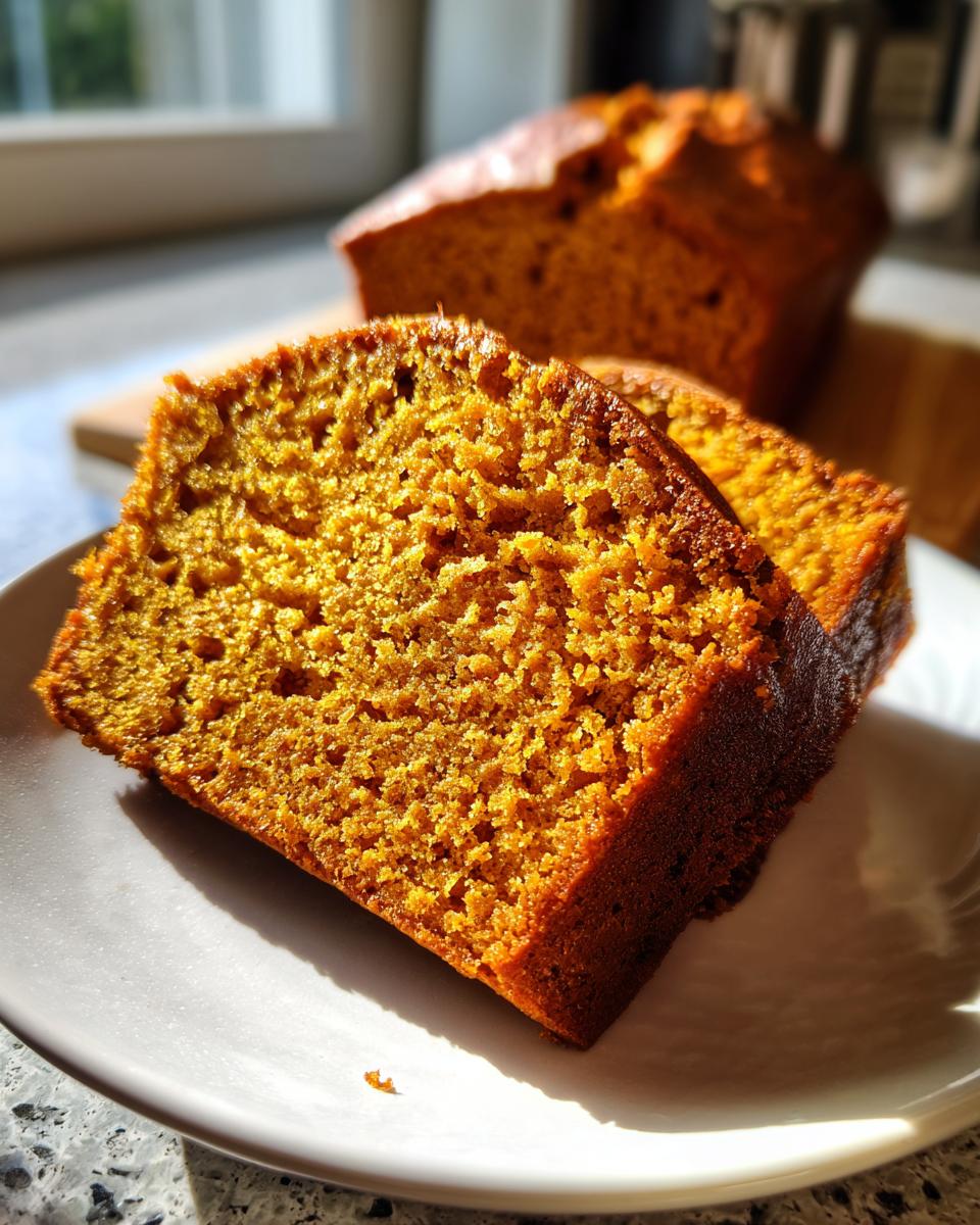 Two thick slices of moist pumpkin bread showing a rich, tender crumb texture, served on a white plate.