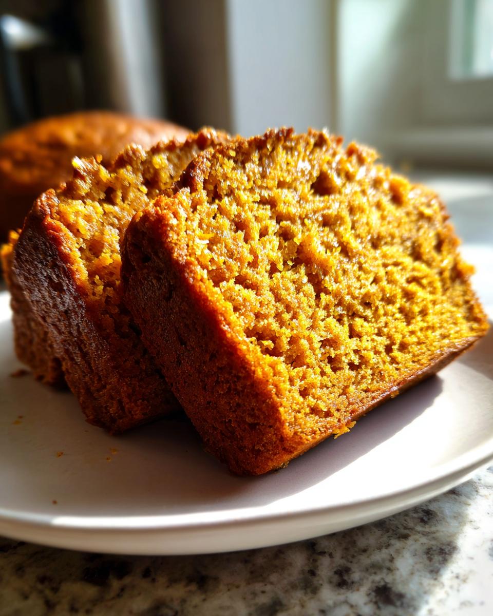 Close-up of two thick slices showing the crumb texture of moist pumpkin bread on a white plate.