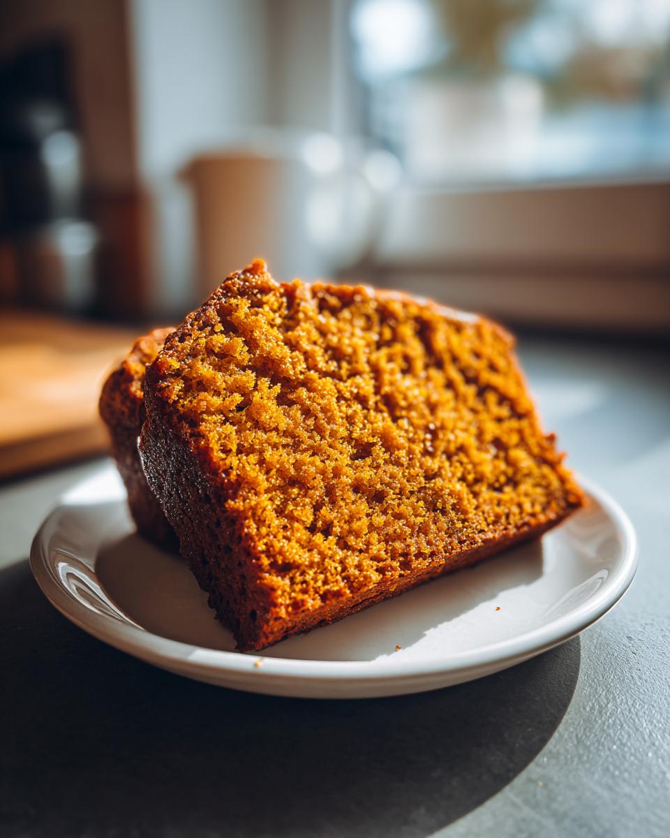 Close-up of two slices of moist pumpkin bread showing a tender, orange crumb texture on a white plate.