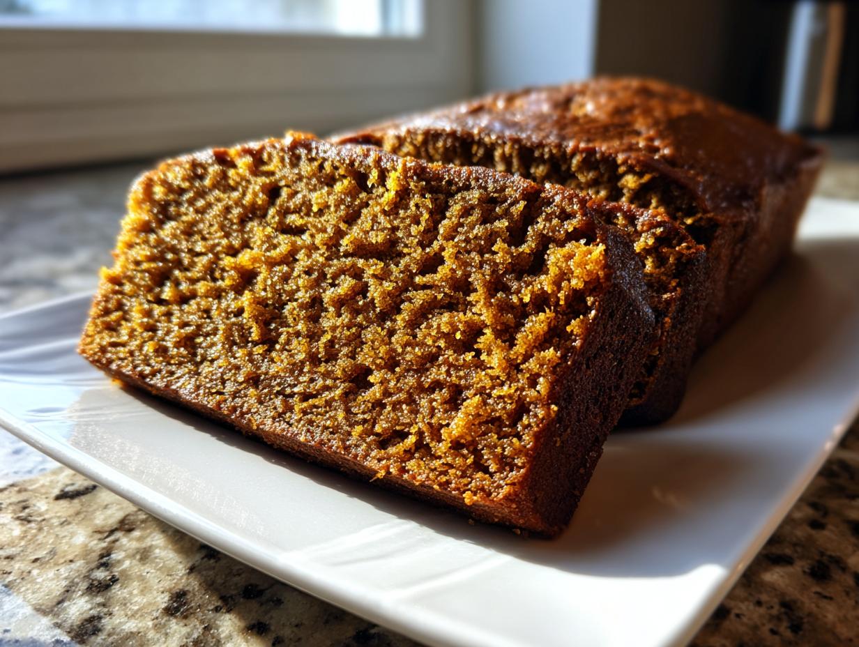 Slices of moist pumpkin bread showing the tender, dark orange crumb texture, served on a white plate.