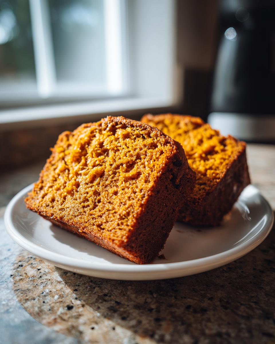 Two thick slices of moist pumpkin bread showing a tender, orange crumb, resting on a small white plate.