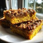 Three stacked squares of moist, orange pumpkin crunch cake topped with a sticky, crunchy pecan topping.