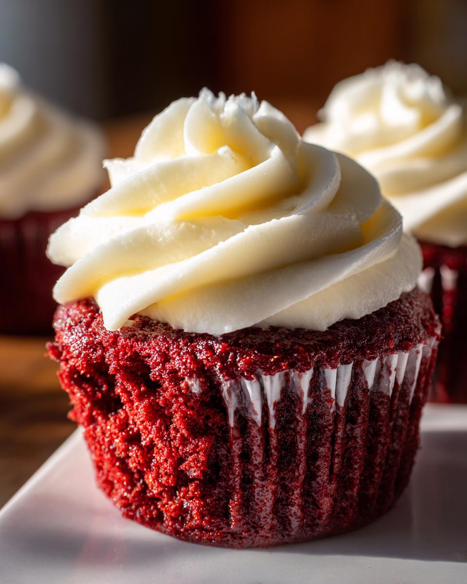 Close-up of a moist red velvet cupcakes with a swirl of creamy white frosting, sitting on a white plate.