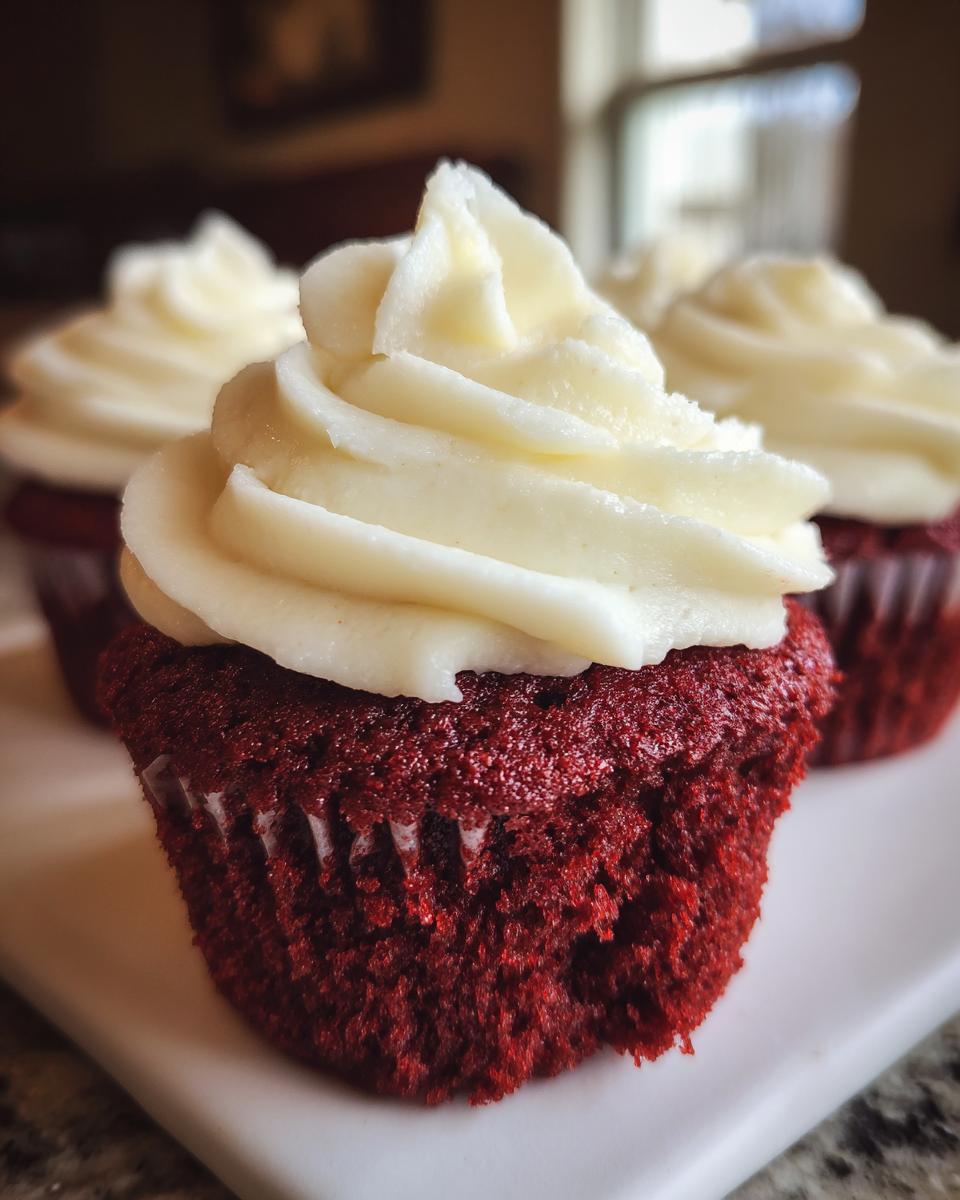 Close-up of a moist red velvet cupcakes topped with a swirl of white cream cheese frosting.