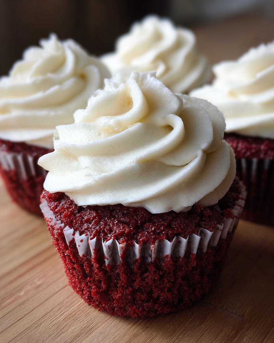 Close-up of a vibrant red velvet cupcakes topped with thick swirls of white cream cheese frosting.