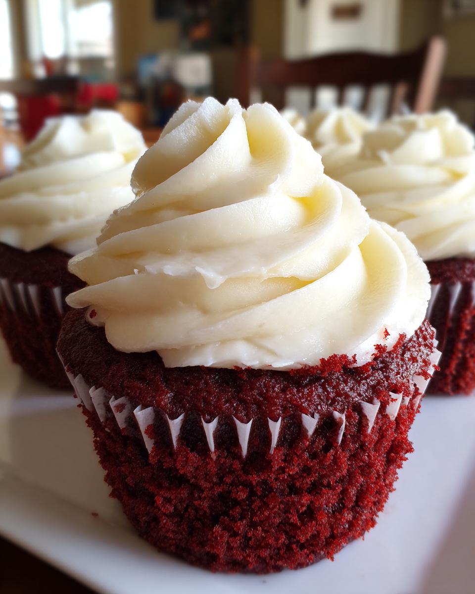 Close-up of a vibrant red velvet cupcakes topped with a perfect swirl of white cream cheese frosting.