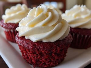 Close-up of a moist red velvet cupcakes topped with a swirl of white cream cheese frosting.