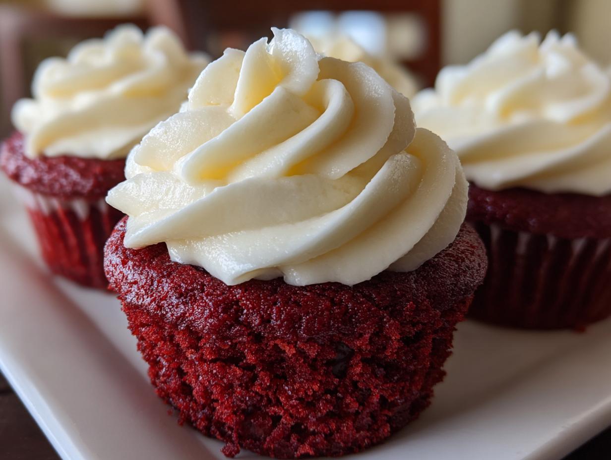 Close-up of a moist red velvet cupcakes topped with a swirl of white cream cheese frosting.