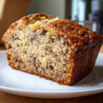 Close-up of a thick, moist slice of banana bread recipe loaf with a dark, caramelized crust.