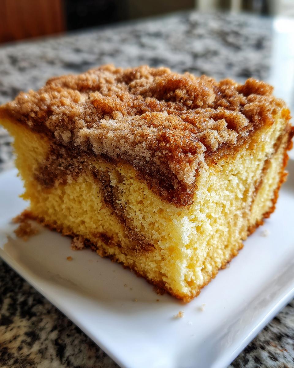 Close-up of a moist slice of coffee cake featuring a rich cinnamon swirl and thick crumb topping.