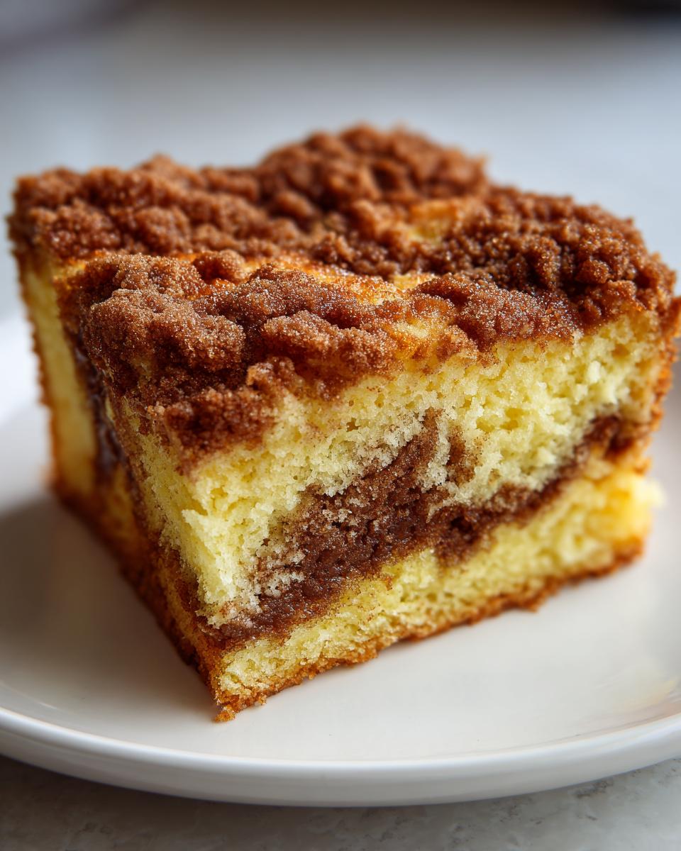 Close-up of a moist slice of coffee cake featuring a thick cinnamon swirl and crumb topping.