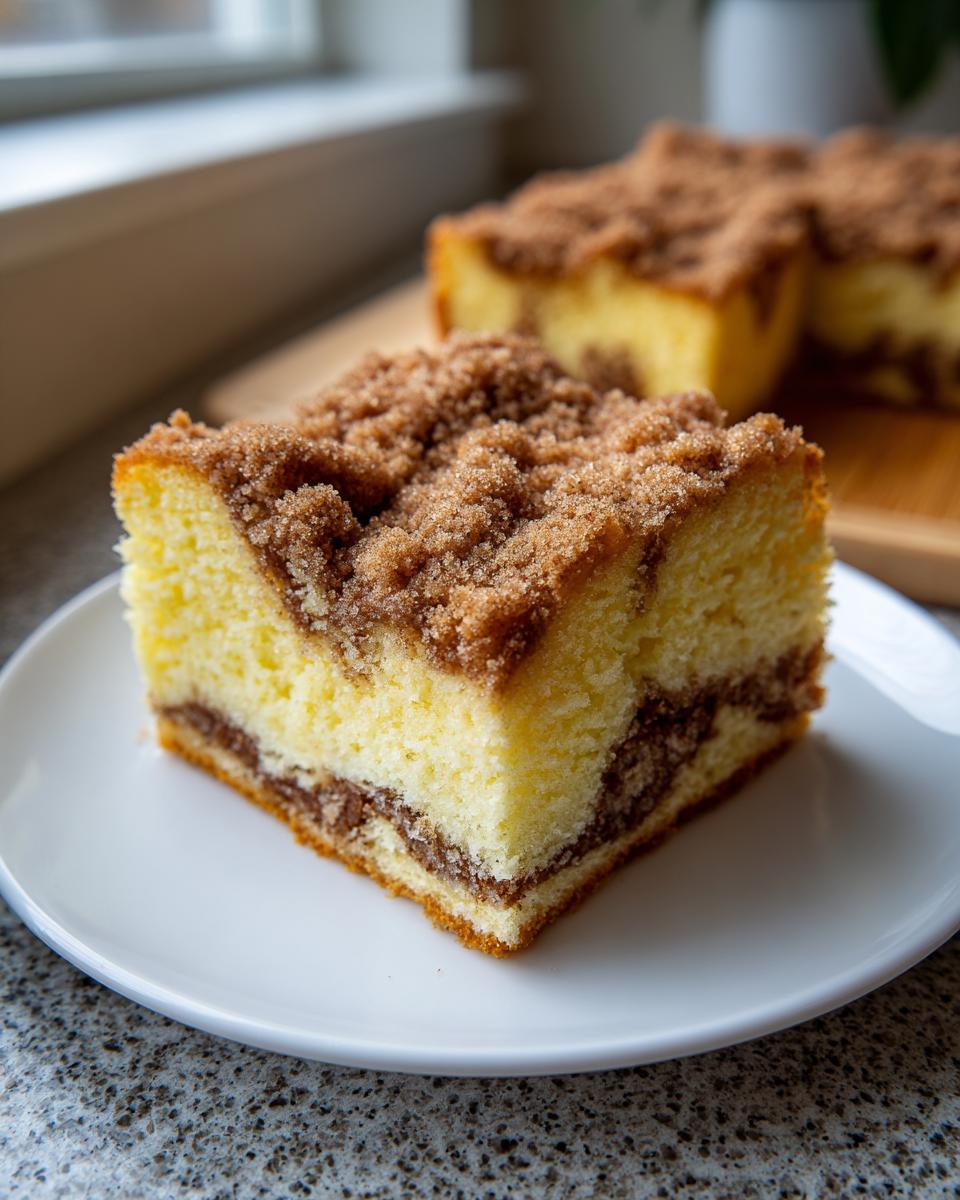 Close-up of a moist slice of coffee cake featuring a thick cinnamon streusel topping and swirl layer.