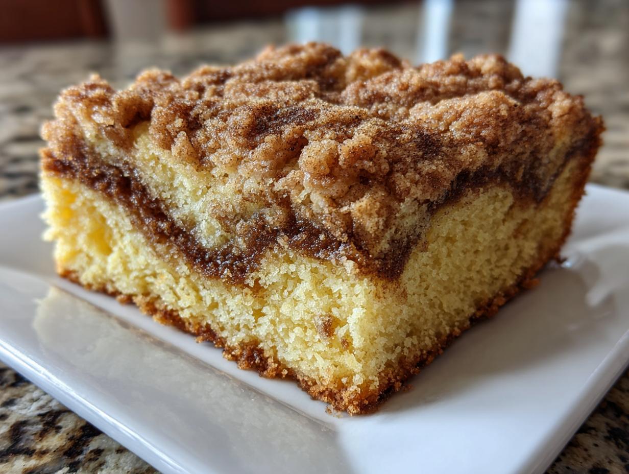 Close-up of a moist slice of coffee cake featuring a thick cinnamon swirl and crumbly streusel topping.