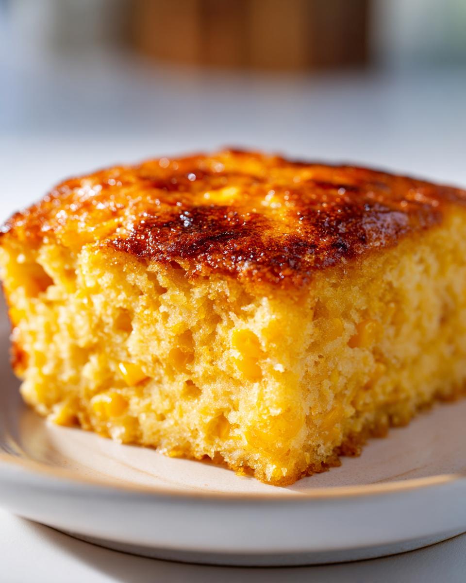 Close-up of a golden, moist slice of cornbread casserole with a caramelized top.