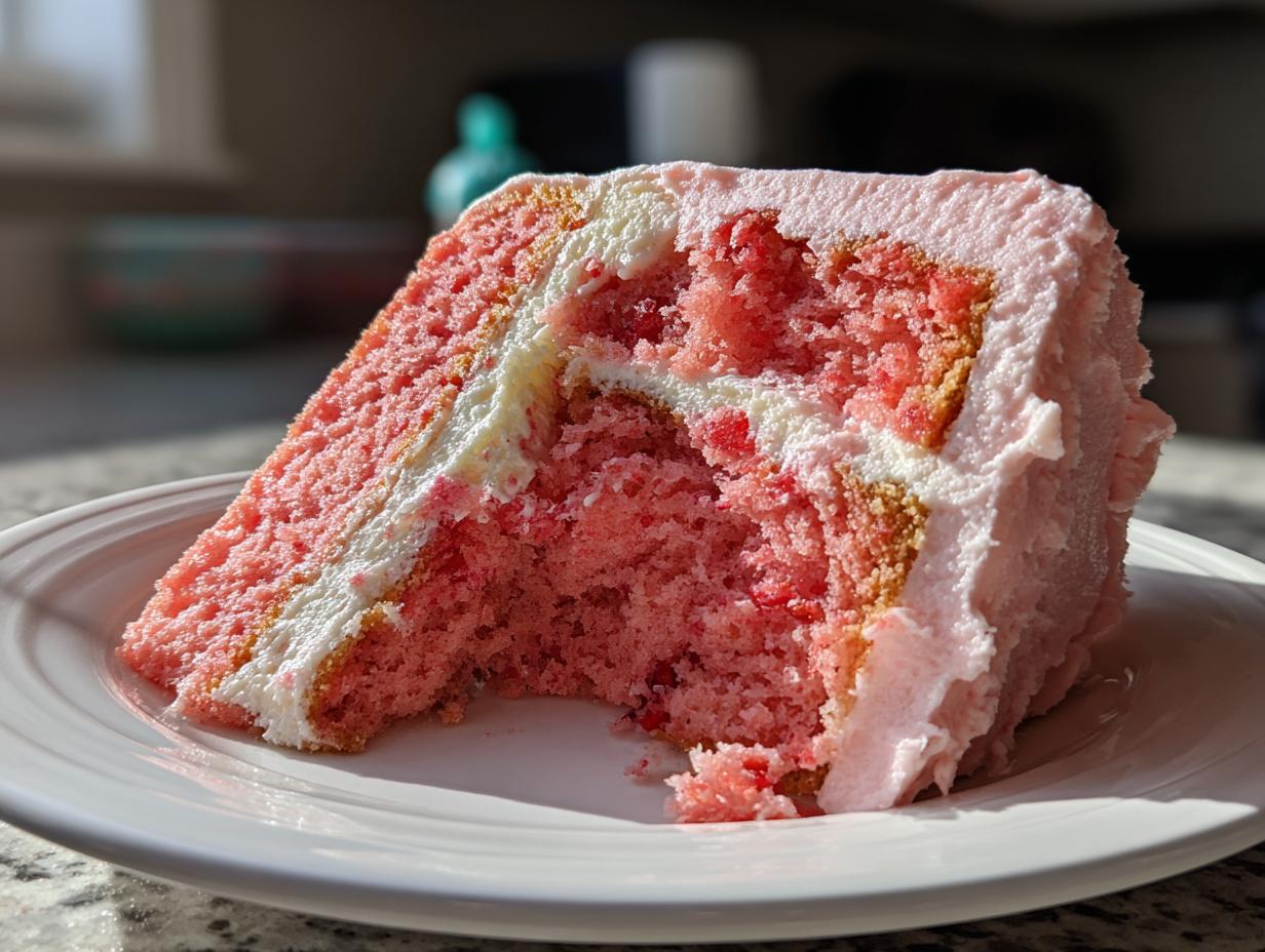 A close-up shot of a moist slice of pink strawberry cake layered with white and pink frosting on a white plate.
