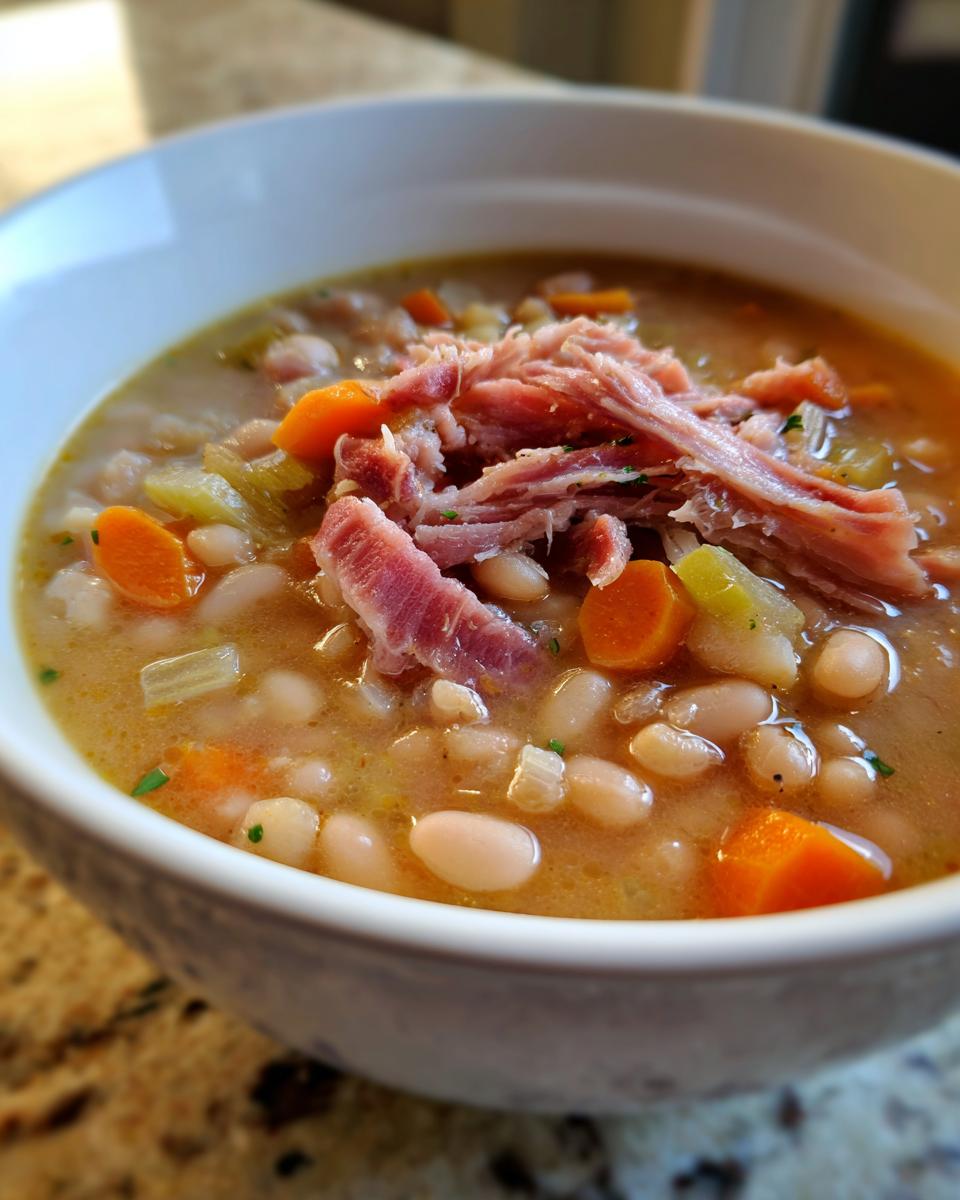 Close-up of a white bowl filled with thick navy bean soup, topped with shredded ham, carrots, and celery.