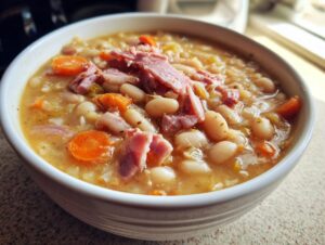 Close-up of a white bowl filled with thick navy bean soup, topped with shredded ham and sliced carrots.