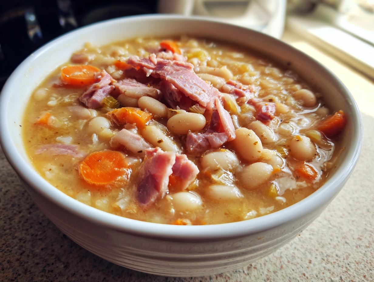 Close-up of a white bowl filled with thick navy bean soup, topped with shredded ham and sliced carrots.