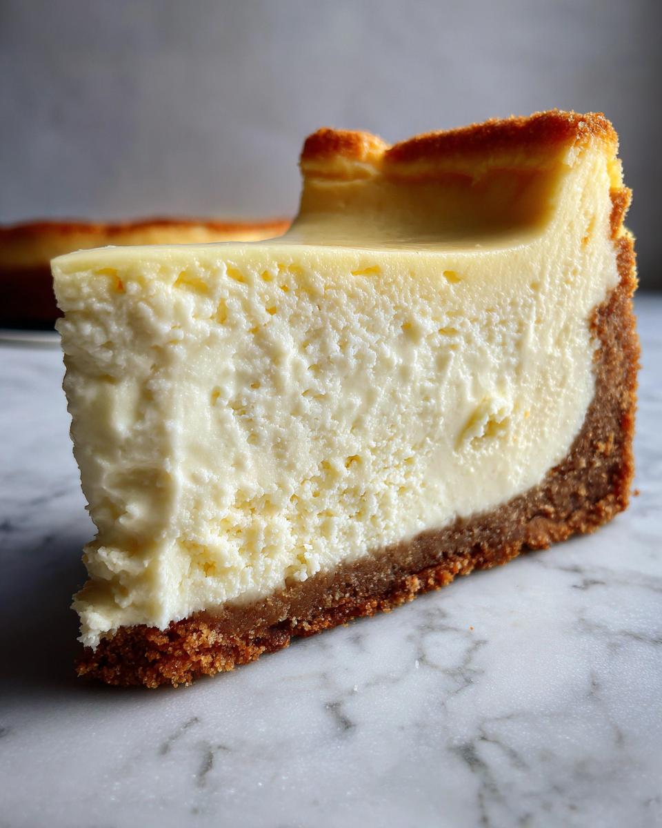 Close-up of a thick slice of creamy new york cheesecake showing the dense texture and graham cracker crust.