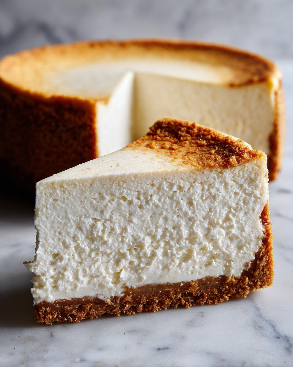 Close-up of a thick slice of creamy new york cheesecake with a graham cracker crust.