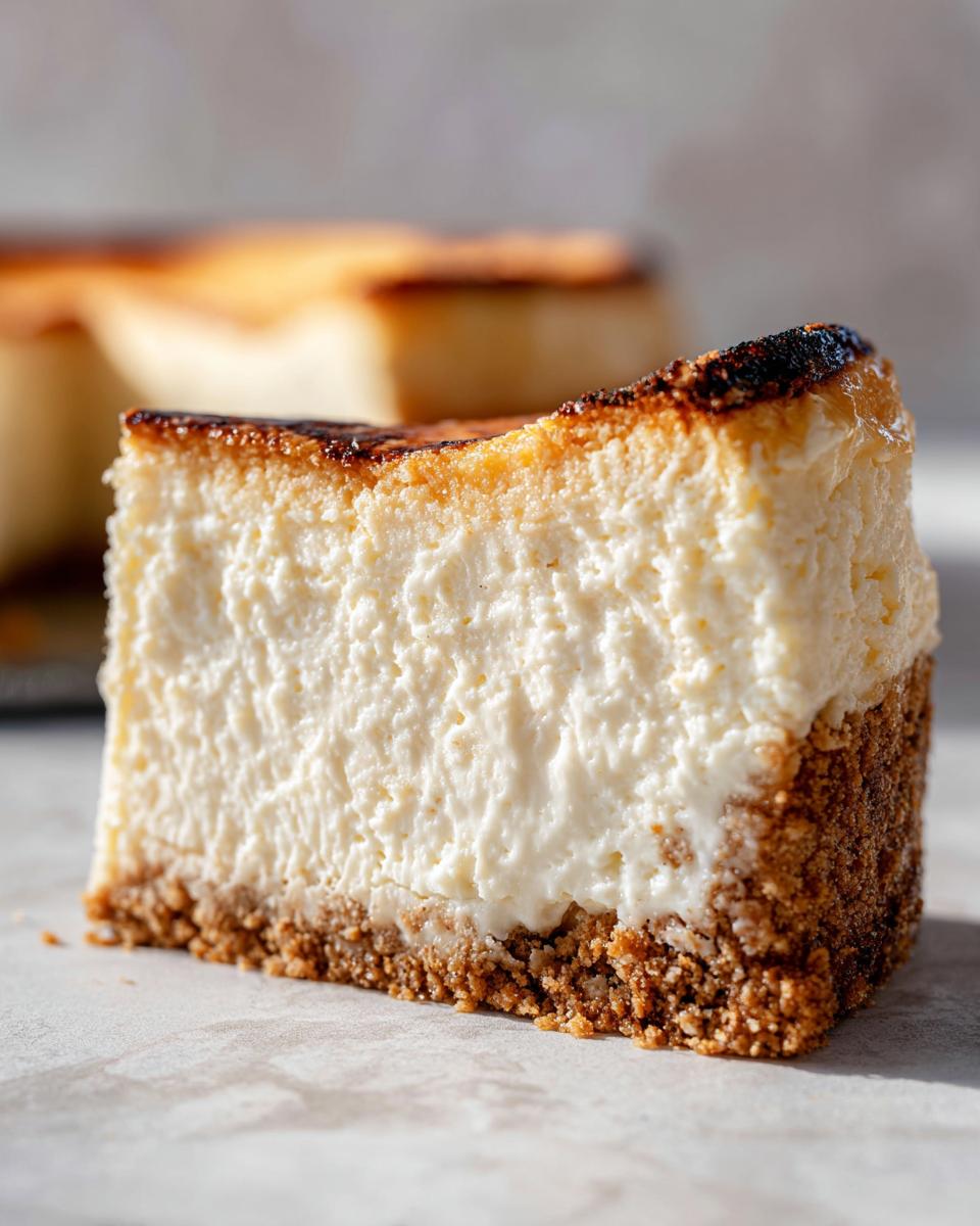 Close-up of a thick slice of new york cheesecake showing the creamy filling and graham cracker crust.