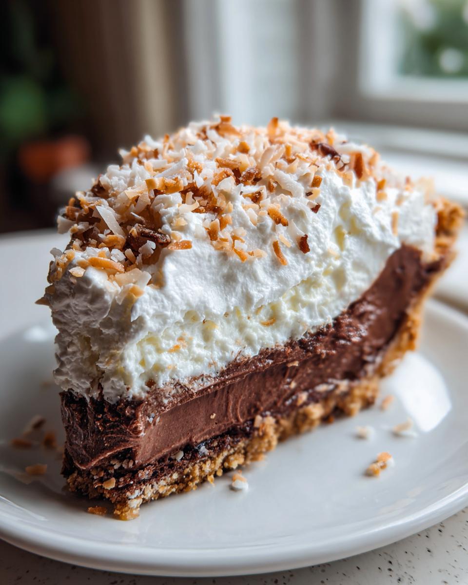 A decadent slice of no-bake german chocolate pie featuring a thick chocolate layer, whipped cream, and toasted coconut.